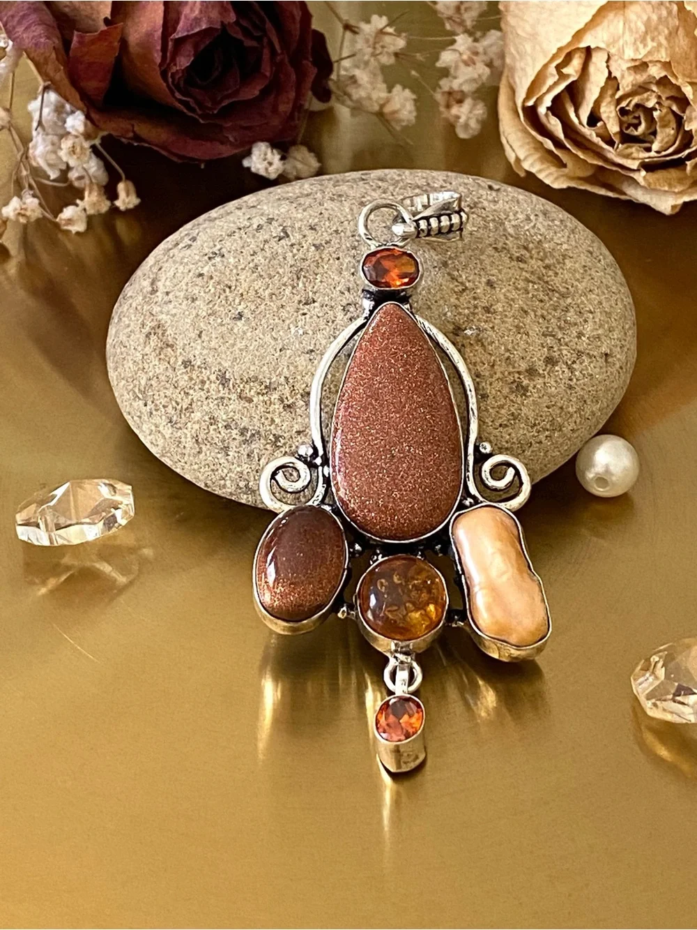 Gold Sunstone, Amber, Madera Citrine And Pearl  Pendant